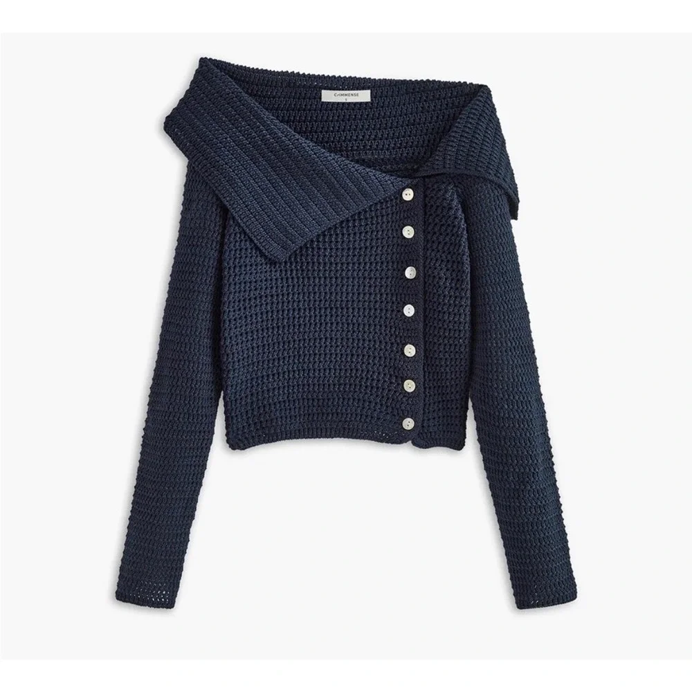 Commense Navy Blue Crochet Knit Asymmetrical Button Off Shoulder Cardiga